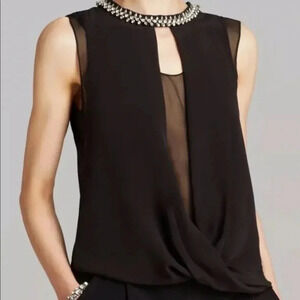 Rebecca Taylor Black Sleeveless Silk  Blouse With Rhinestone Collar, size 12
